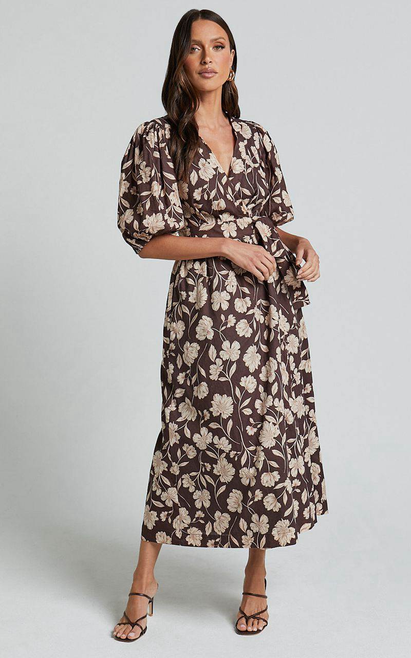 Showpo Amalie The Label - Francie Linen Blend Puff Sleeve Wrap Midi Dress Sahara Print | EGJYIT791