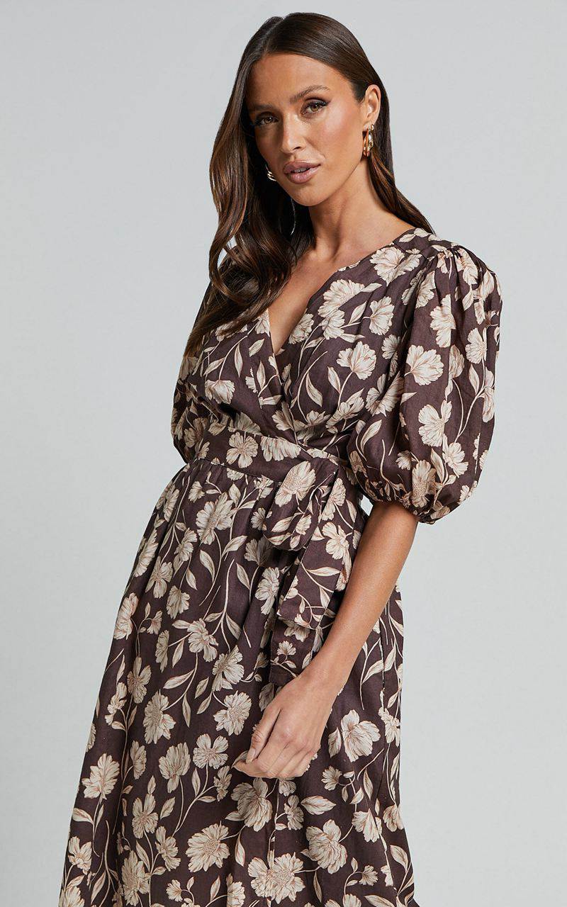 Showpo Amalie The Label - Francie Linen Blend Puff Sleeve Wrap Midi Dress Sahara Print | EGJYIT791