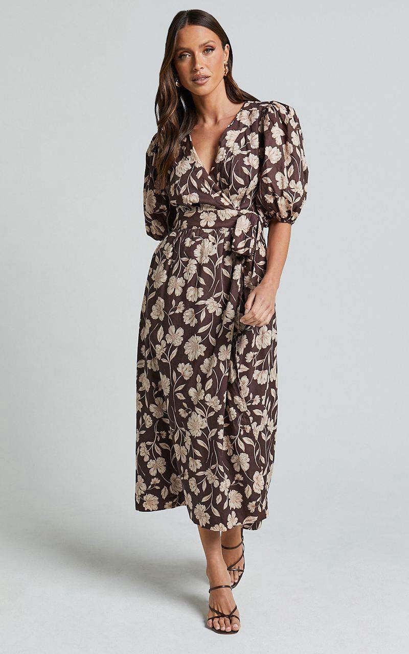 Showpo Amalie The Label - Francie Linen Blend Puff Sleeve Wrap Midi Dress Sahara Print | EGJYIT791