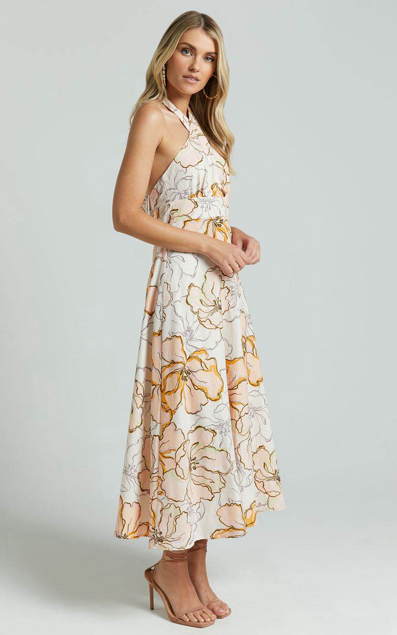 Showpo Amalie The Label - Freesia Linen Blend Halter Tie Neck Midi Dress Maison Fleur | JMNVHA762