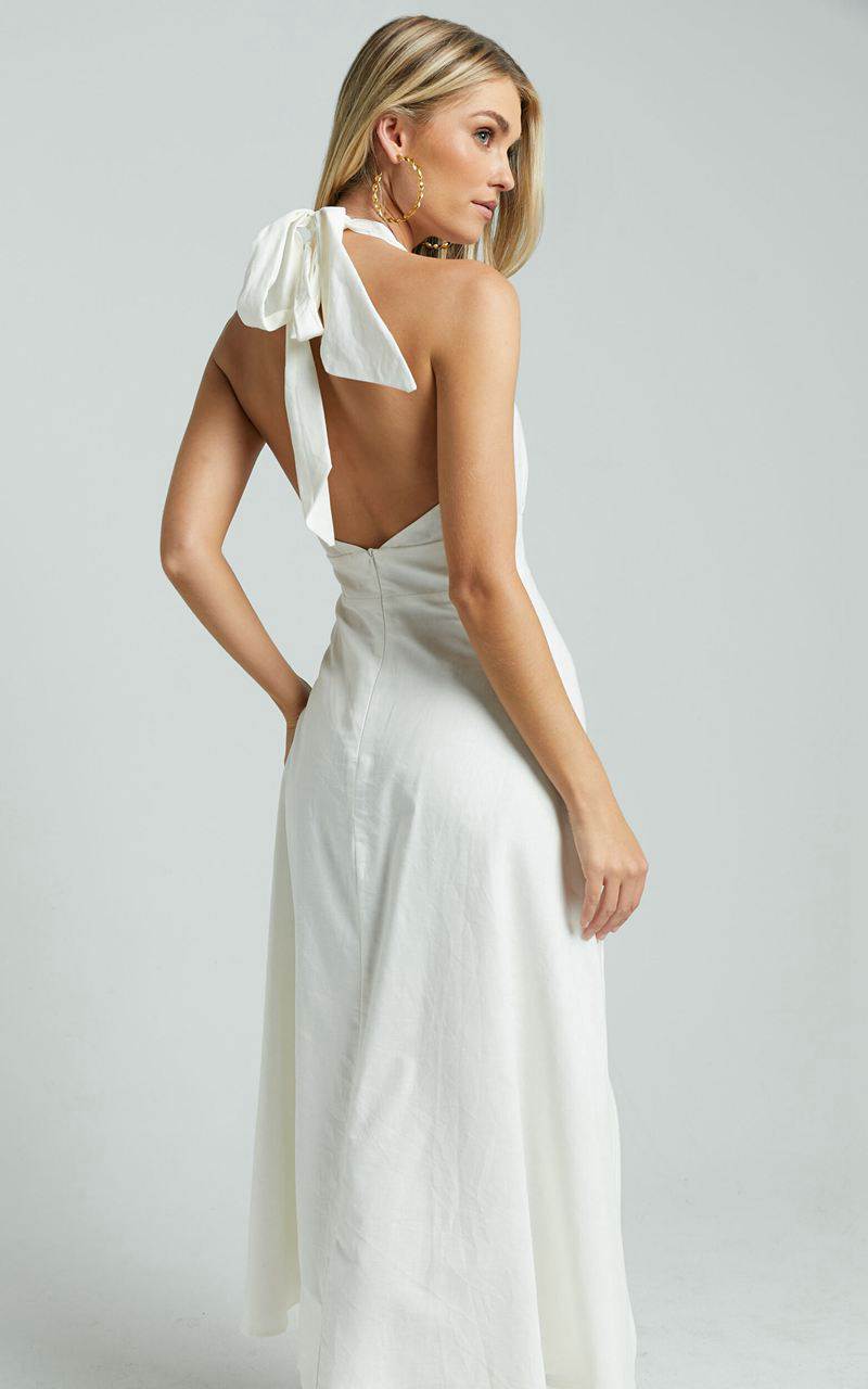 Showpo Amalie The Label - Freesia Linen Blend Halter Tie Neck Midi Dress White | YQNBHZ432