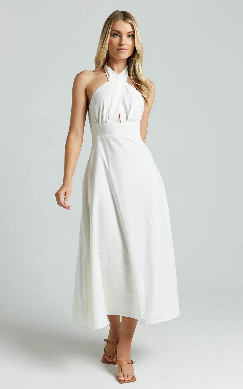 Showpo Amalie The Label - Freesia Linen Blend Halter Tie Neck Midi Dress White | YQNBHZ432