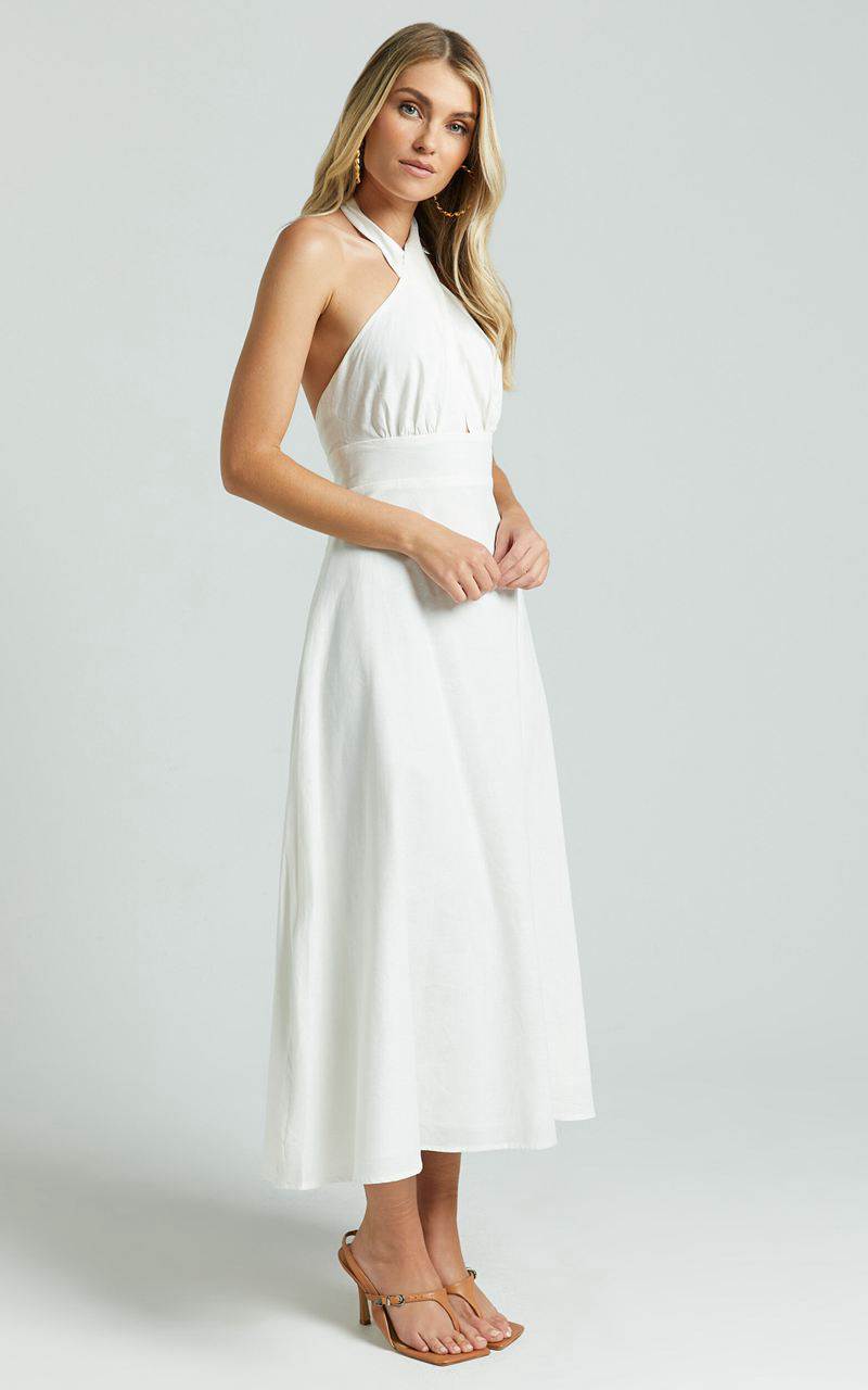 Showpo Amalie The Label - Freesia Linen Blend Halter Tie Neck Midi Dress White | YQNBHZ432