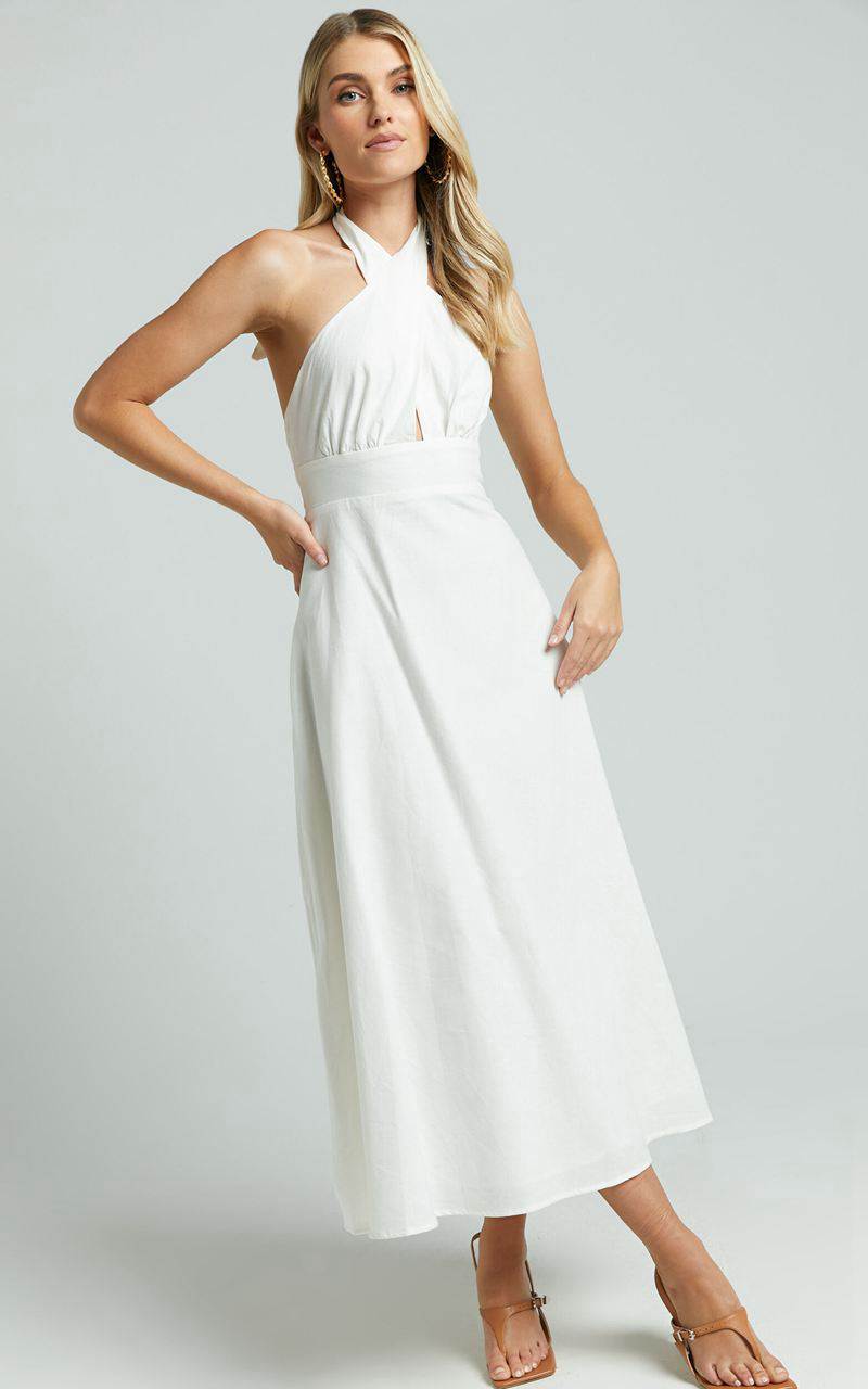 Showpo Amalie The Label - Freesia Linen Blend Halter Tie Neck Midi Dress White | YQNBHZ432