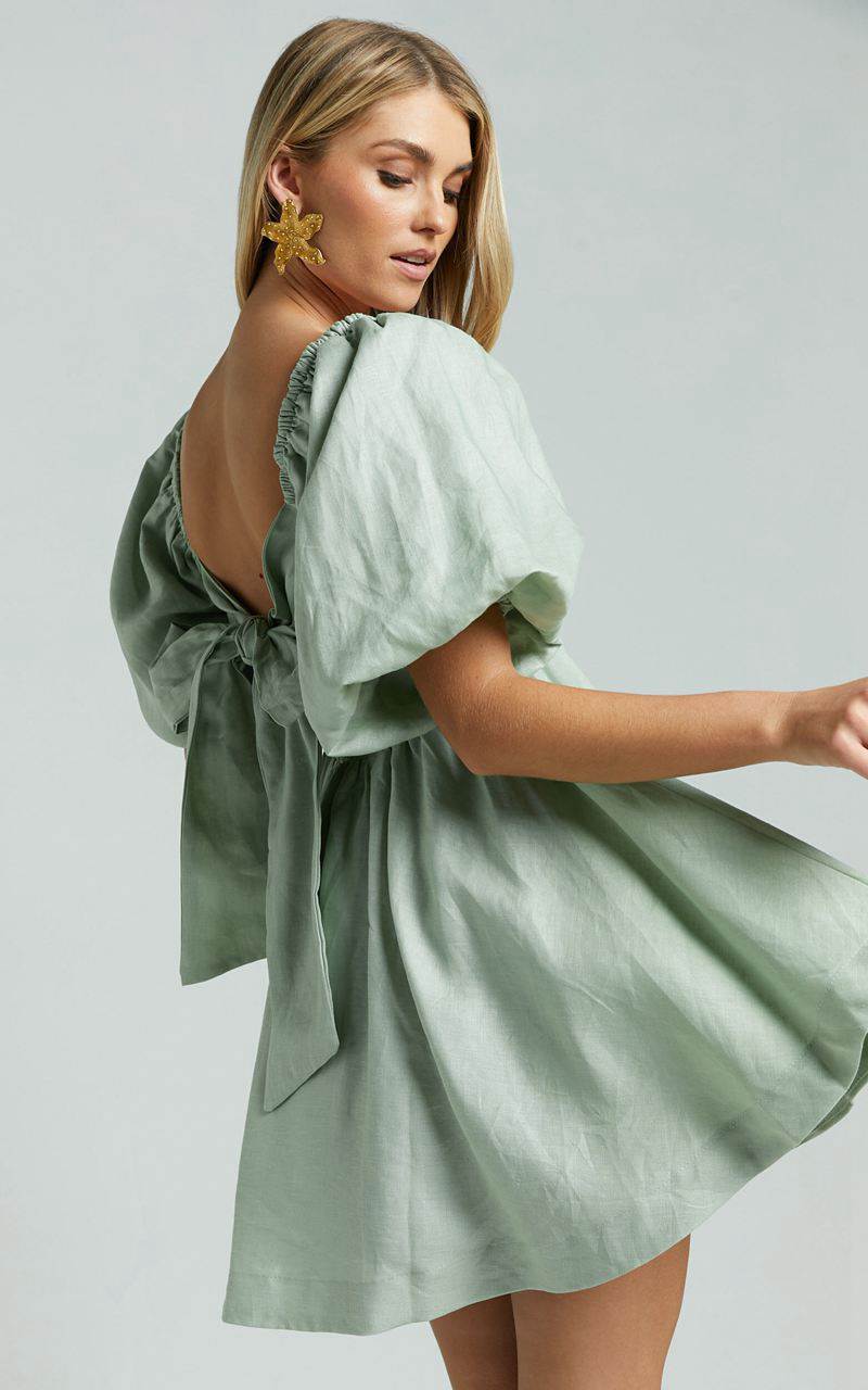 Showpo Amalie The Label - Hamyya Linen Tie Back Puff Sleeve Mini Dress Sage | OPRALV021