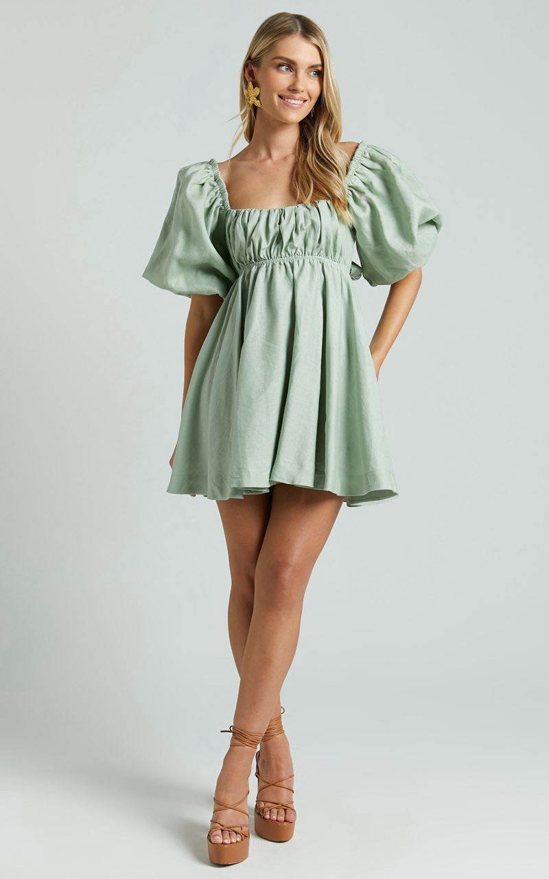 Showpo Amalie The Label - Hamyya Linen Tie Back Puff Sleeve Mini Dress Sage | OPRALV021