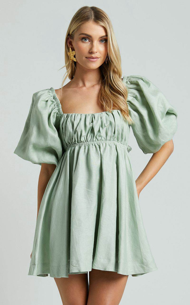 Showpo Amalie The Label - Hamyya Linen Tie Back Puff Sleeve Mini Dress Sage | OPRALV021