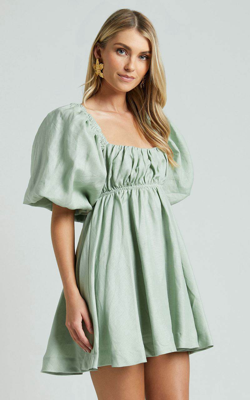 Showpo Amalie The Label - Hamyya Linen Tie Back Puff Sleeve Mini Dress Sage | OPRALV021