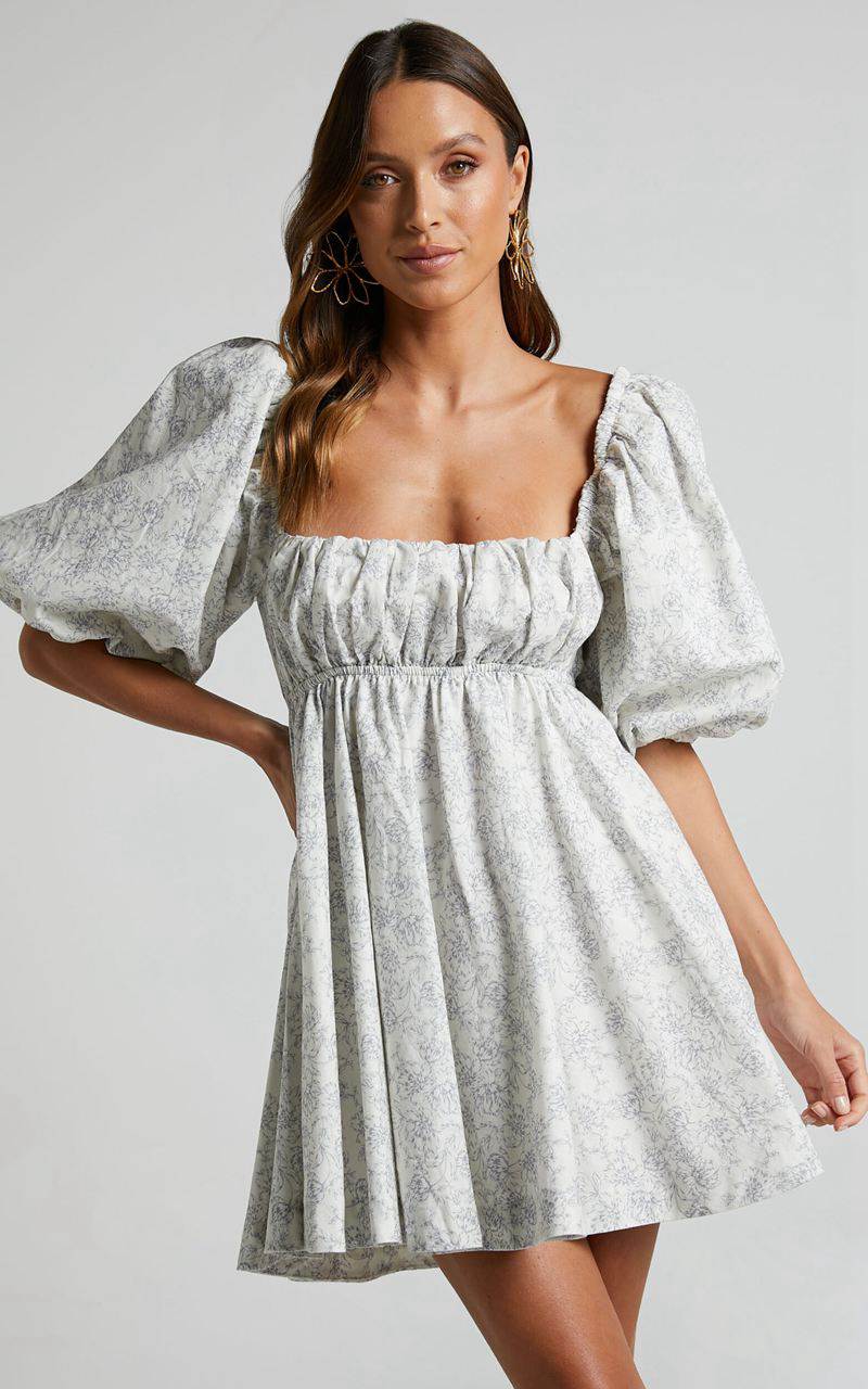 Showpo Amalie The Label - Hamyya Linen Tie Back Puff Sleeve Mini Dress Dolce Fleur | ARFUIT319