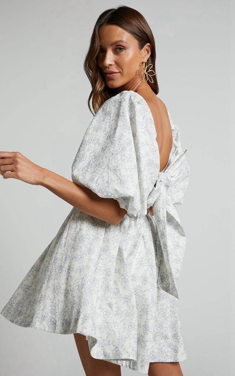 Showpo Amalie The Label - Hamyya Linen Tie Back Puff Sleeve Mini Dress Dolce Fleur | ARFUIT319