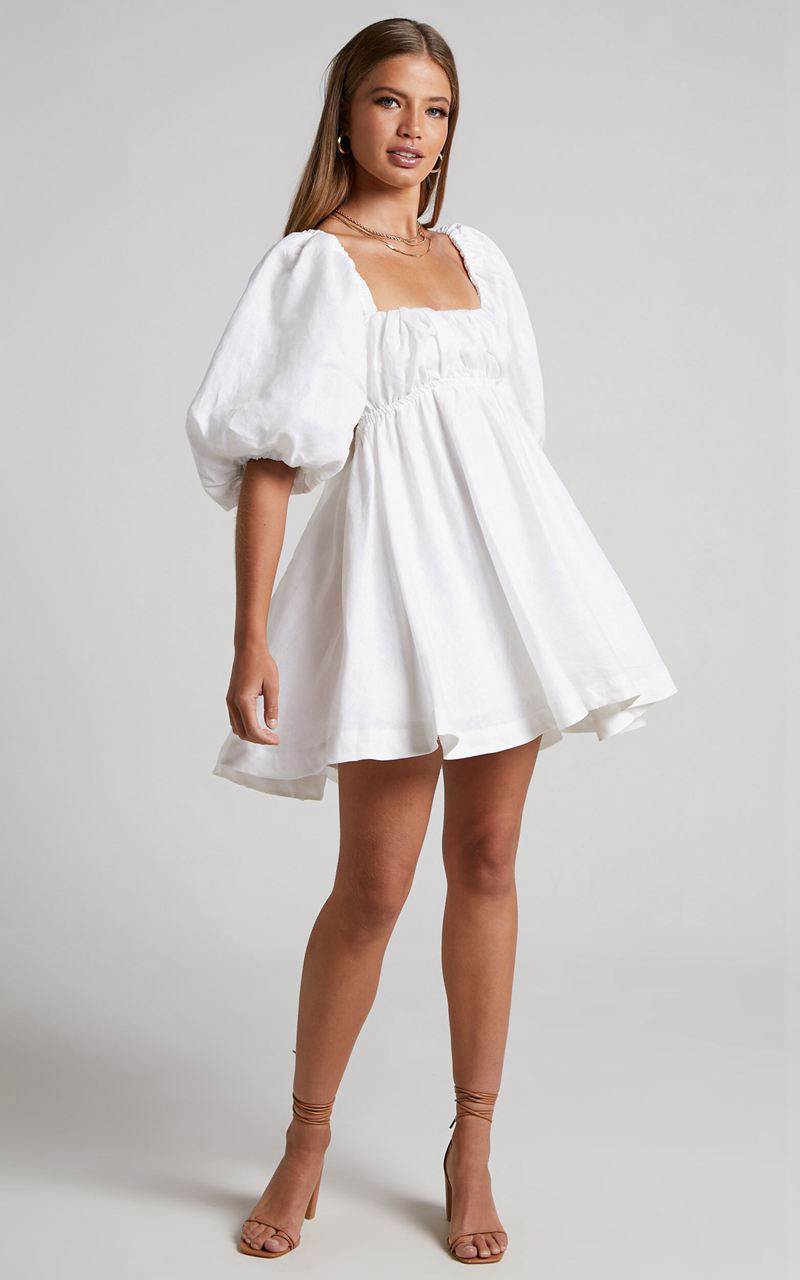 Showpo Amalie The Label - Hamyya Linen Tie Back Puff Sleeve Mini Dress White | IGZVPH137