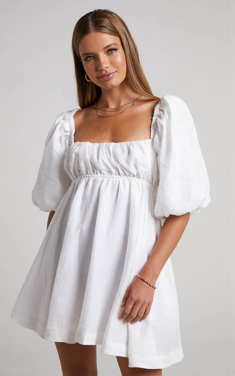 Showpo Amalie The Label - Hamyya Linen Tie Back Puff Sleeve Mini Dress White | IGZVPH137