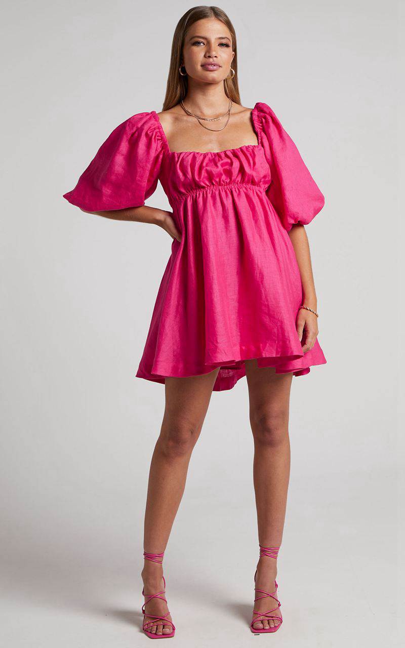 Showpo Amalie The Label - Hamyya Linen Tie Back Puff Sleeve Mini Dress Magenta | EVAUDC924