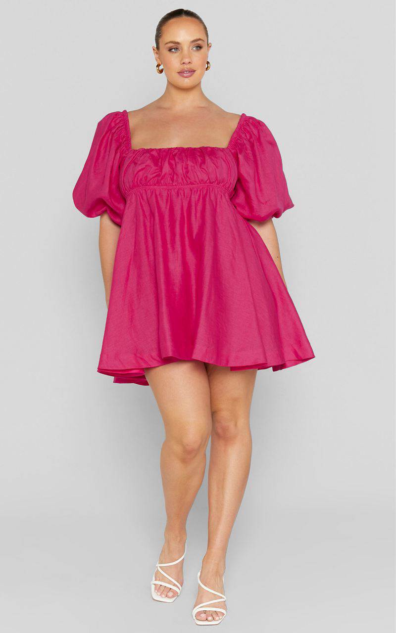 Showpo Amalie The Label - Hamyya Linen Tie Back Puff Sleeve Mini Dress Magenta | EVAUDC924