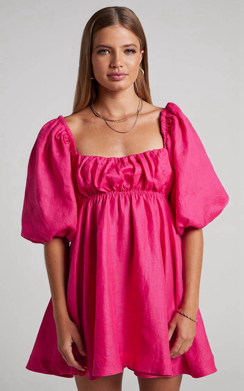 Showpo Amalie The Label - Hamyya Linen Tie Back Puff Sleeve Mini Dress Magenta | EVAUDC924