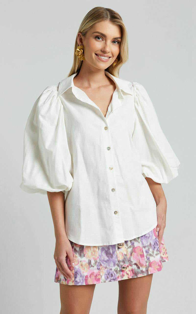 Showpo Amalie The Label - Hanae Linen Blend Collared Button Through Puff Sleeve Shirt White | DZVYAT798