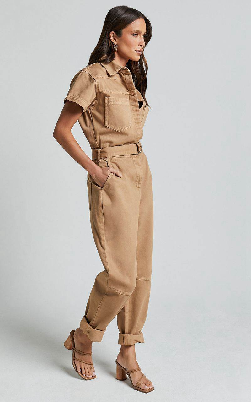 Showpo Amalie The Label - Havanah Recycled Cotton Denim Boiler Jumpsuit Tobacco | ZQPHWC695