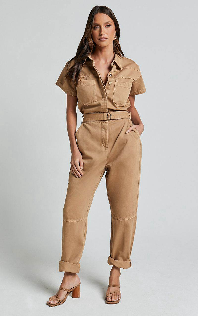 Showpo Amalie The Label - Havanah Recycled Cotton Denim Boiler Jumpsuit Tobacco | ZQPHWC695