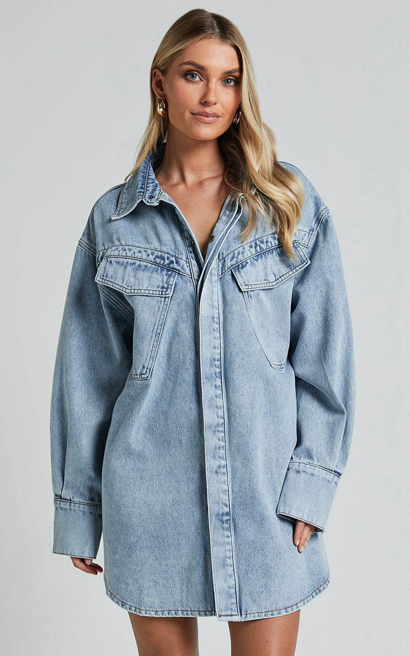 Showpo Amalie The Label - Herrera Recycled Cotton Denim Dress Mid Blue Wash | IHZKGJ723