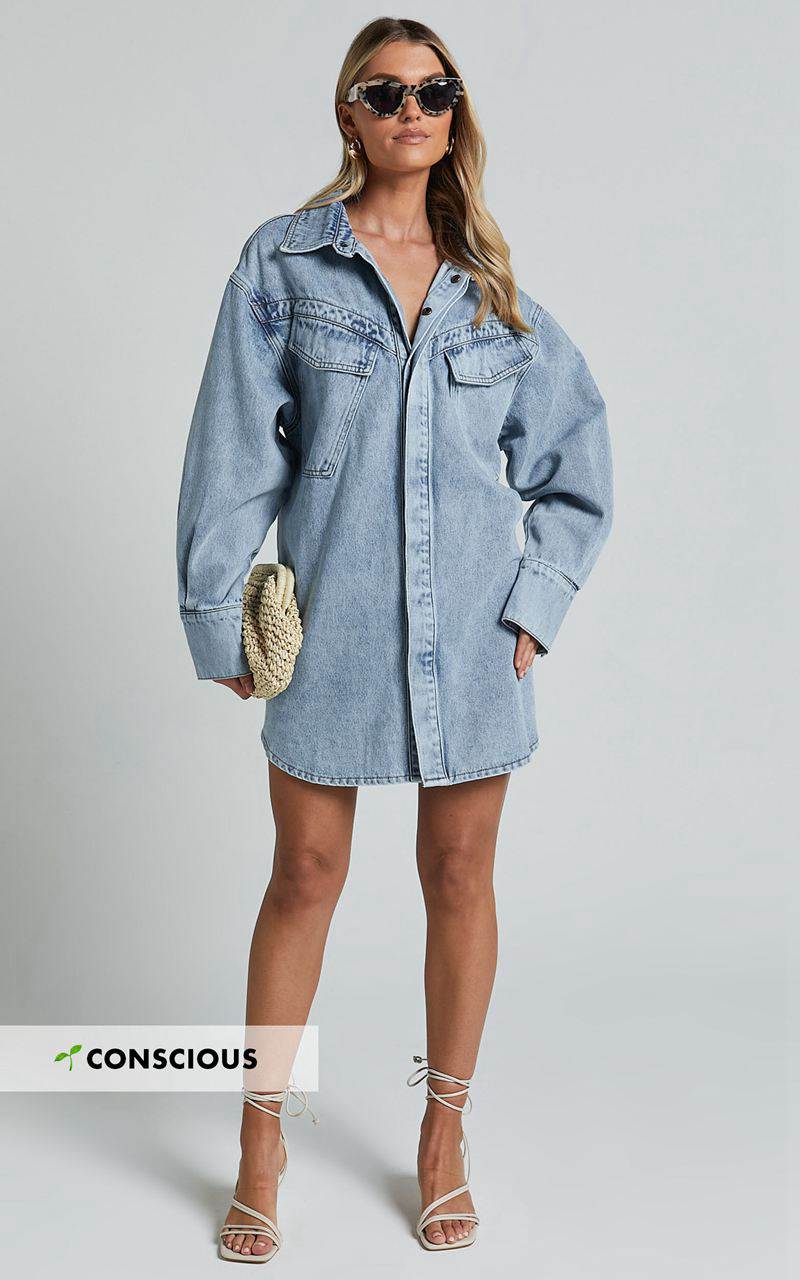 Showpo Amalie The Label - Herrera Recycled Cotton Denim Dress Mid Blue Wash | IHZKGJ723