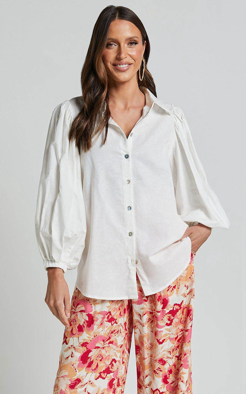 Showpo Amalie The Label - Janae Linen Blend Collared Puff Sleeve Button Up Shirt Ivory | EGYFVN803