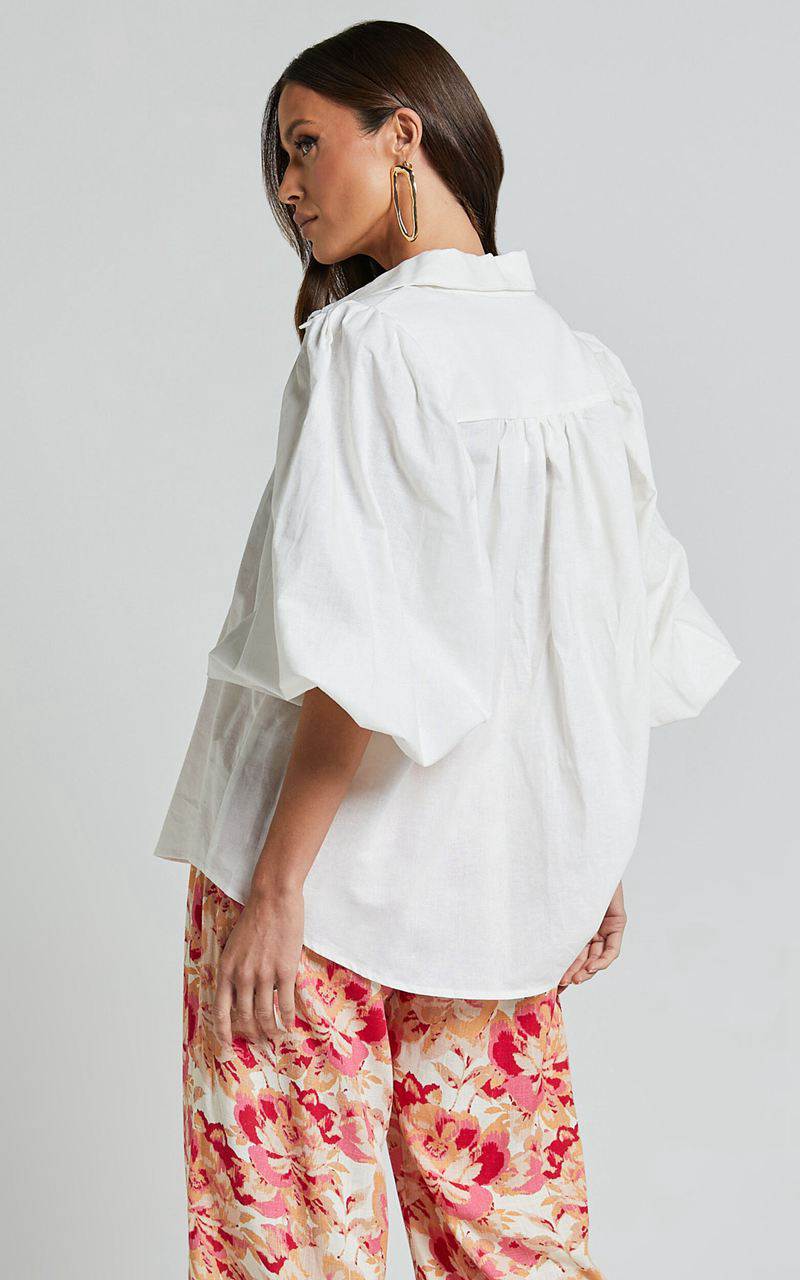 Showpo Amalie The Label - Janae Linen Blend Collared Puff Sleeve Button Up Shirt Ivory | EGYFVN803