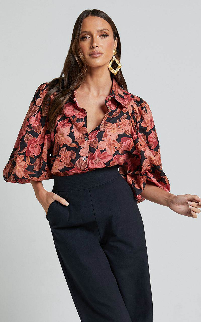 Showpo Amalie The Label - Janae Linen Blend Collared Puff Sleeve Button Up Shirt Atalie Print | KJWSZB903