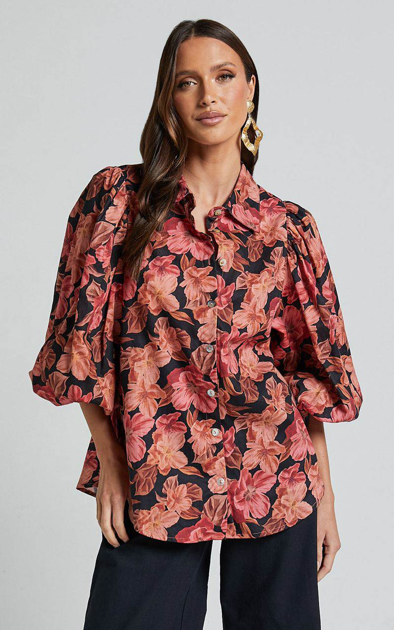 Showpo Amalie The Label - Janae Linen Blend Collared Puff Sleeve Button Up Shirt Atalie Print | KJWSZB903