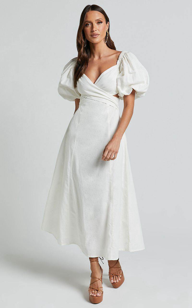 Showpo Amalie The Label - Janae Linen Blend Puff Sleeve Cut Out Midi Dress White | GICTSV951