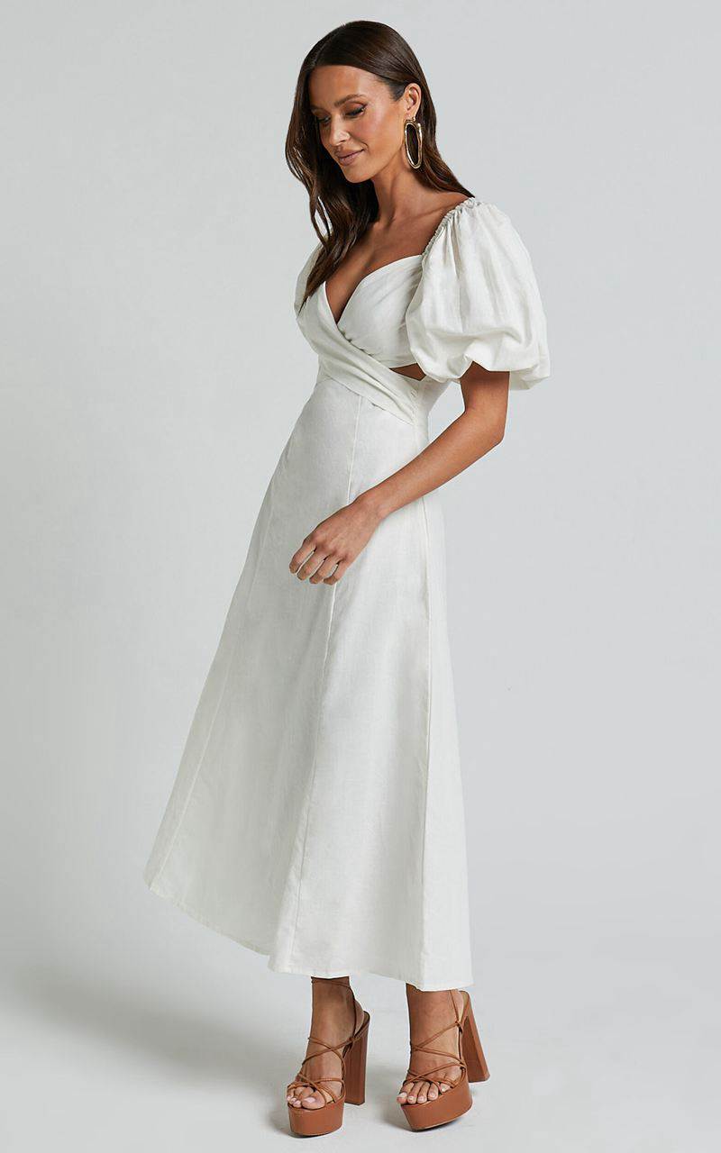 Showpo Amalie The Label - Janae Linen Blend Puff Sleeve Cut Out Midi Dress White | GICTSV951