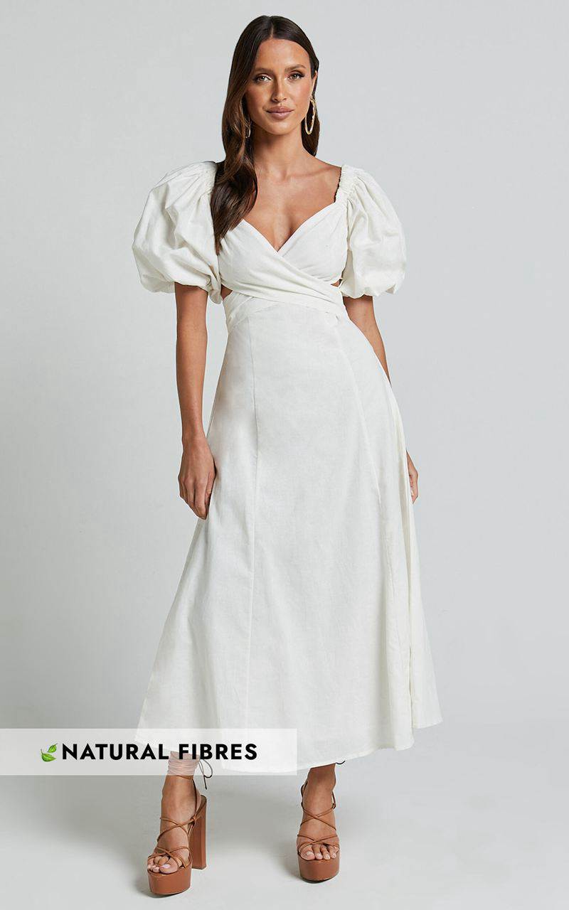 Showpo Amalie The Label - Janae Linen Blend Puff Sleeve Cut Out Midi Dress White | GICTSV951