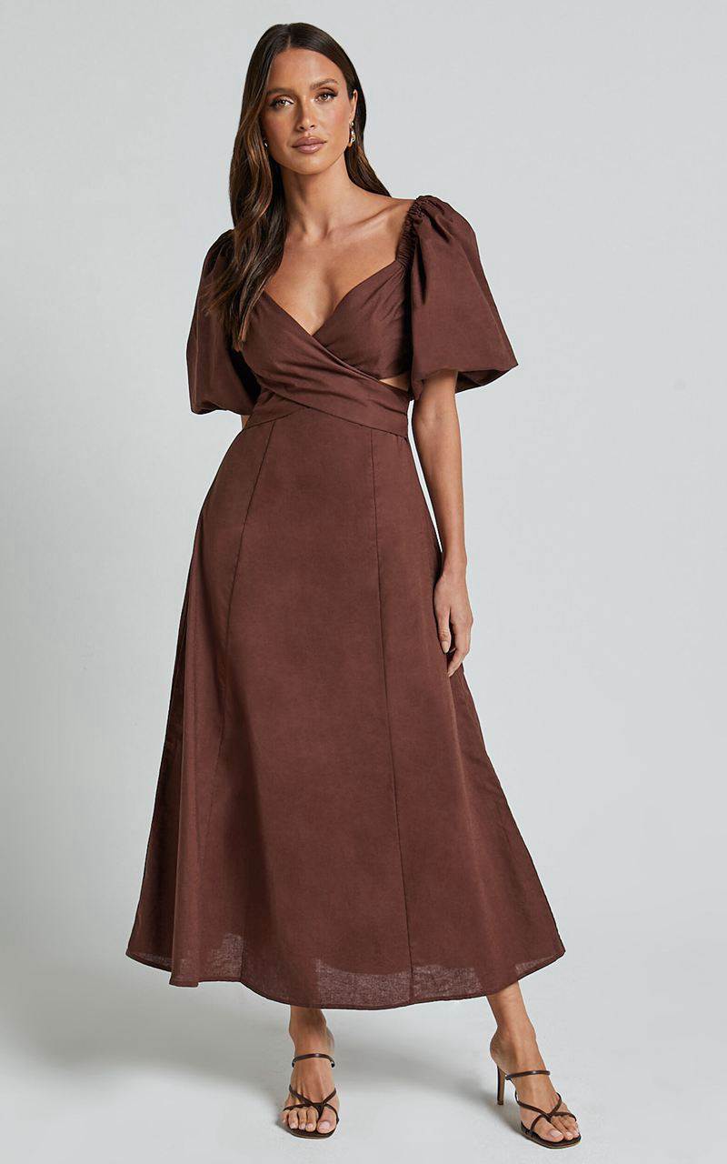 Showpo Amalie The Label - Janae Linen Blend Puff Sleeve Cut Out Midi Dress Chocolate | RHUNMF627