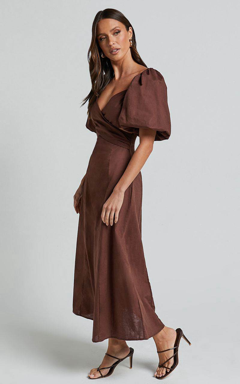 Showpo Amalie The Label - Janae Linen Blend Puff Sleeve Cut Out Midi Dress Chocolate | RHUNMF627