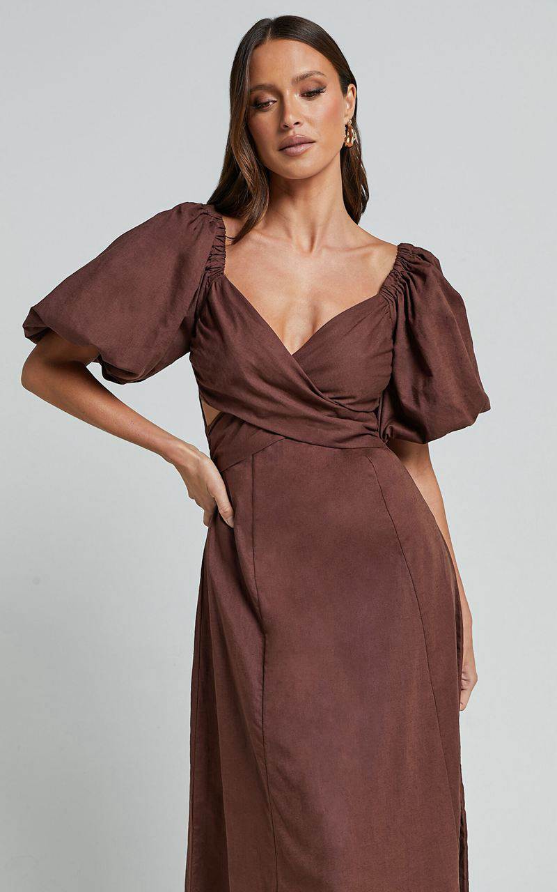 Showpo Amalie The Label - Janae Linen Blend Puff Sleeve Cut Out Midi Dress Chocolate | RHUNMF627