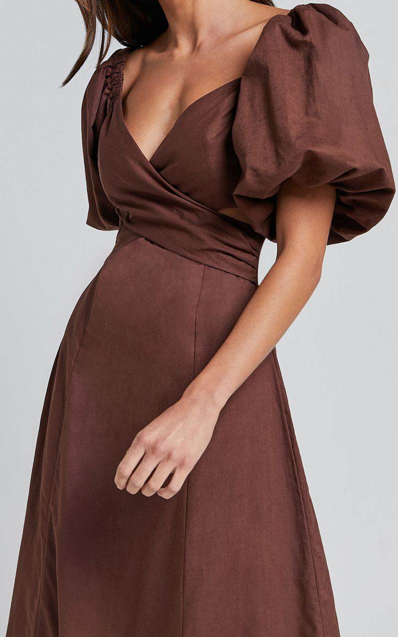 Showpo Amalie The Label - Janae Linen Blend Puff Sleeve Cut Out Midi Dress Chocolate | RHUNMF627