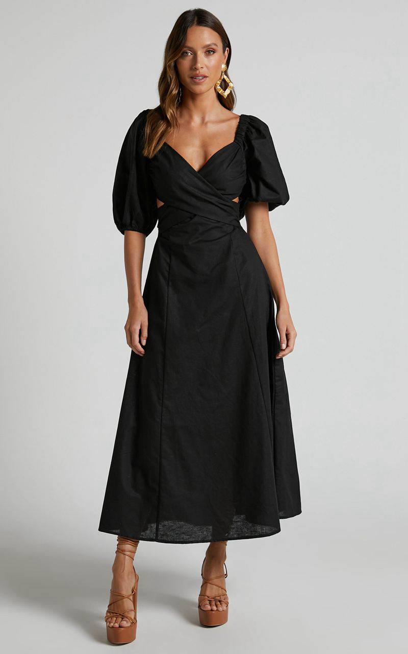 Showpo Amalie The Label - Janae Linen Blend Puff Sleeve Cut Out Midi Dress Black | SUNJAK963