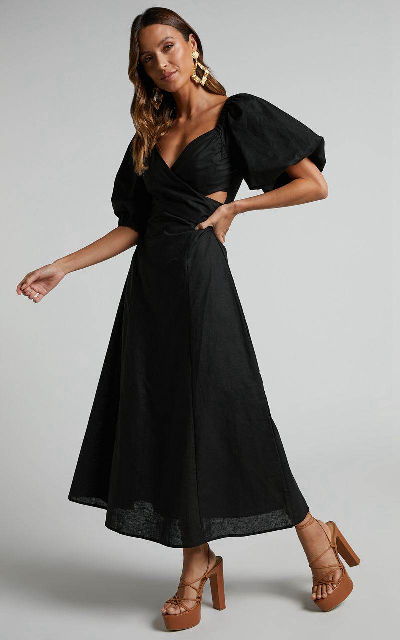 Showpo Amalie The Label - Janae Linen Blend Puff Sleeve Cut Out Midi Dress Black | SUNJAK963