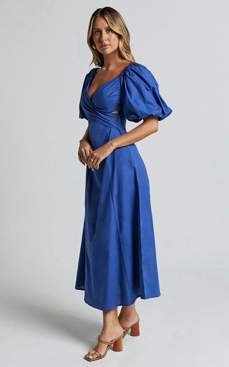 Showpo Amalie The Label - Janae Linen Blend Puff Sleeve Cut Out Midi Dress Blue | EATBZI396