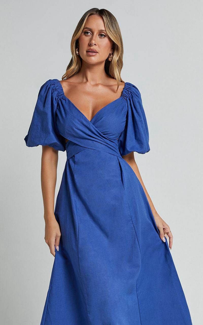 Showpo Amalie The Label - Janae Linen Blend Puff Sleeve Cut Out Midi Dress Blue | EATBZI396