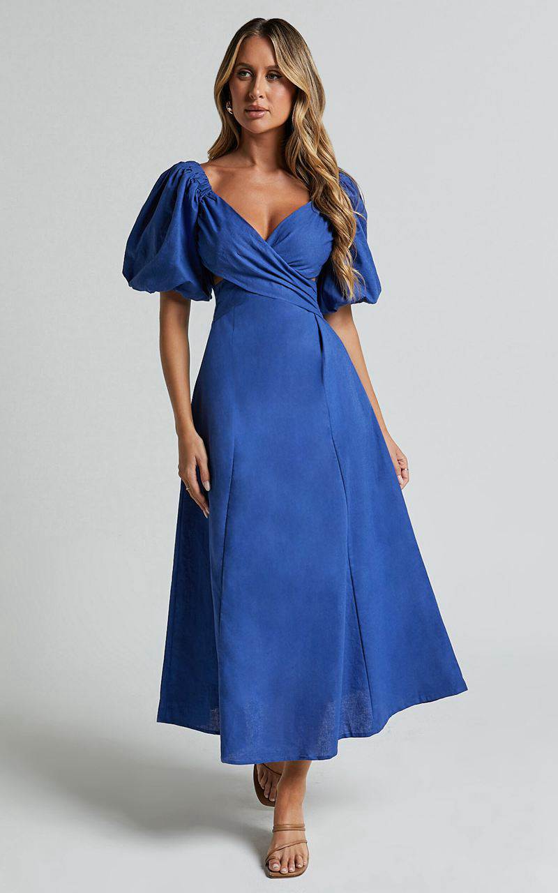 Showpo Amalie The Label - Janae Linen Blend Puff Sleeve Cut Out Midi Dress Blue | EATBZI396