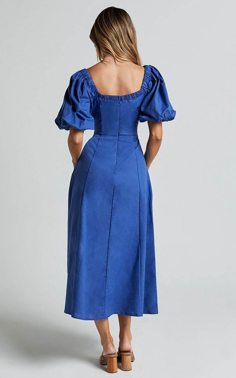 Showpo Amalie The Label - Janae Linen Blend Puff Sleeve Cut Out Midi Dress Blue | EATBZI396