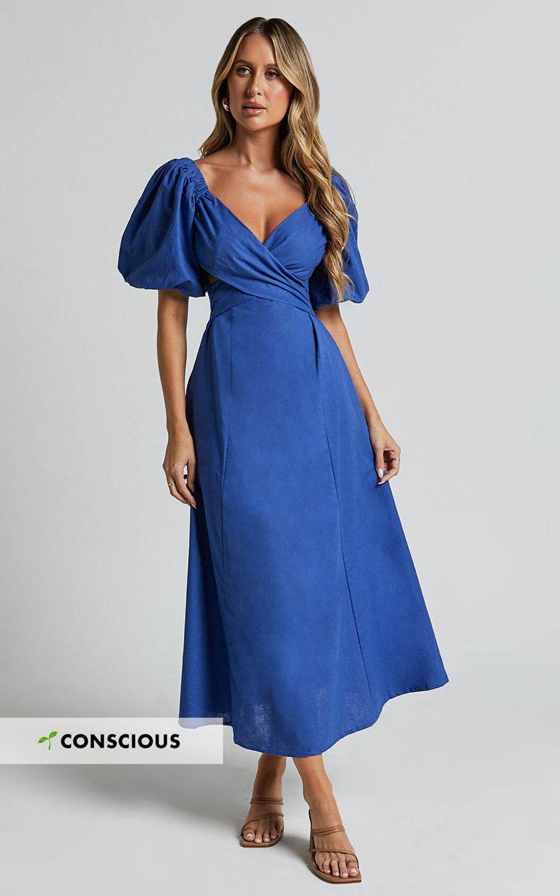 Showpo Amalie The Label - Janae Linen Blend Puff Sleeve Cut Out Midi Dress Blue | EATBZI396