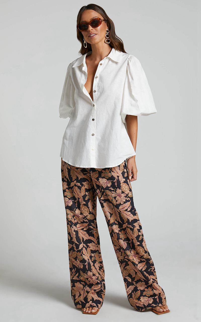 Showpo Amalie The Label - Janae Linen Blend Collared Puff Sleeve Button Up Shirt White | MYQIER561