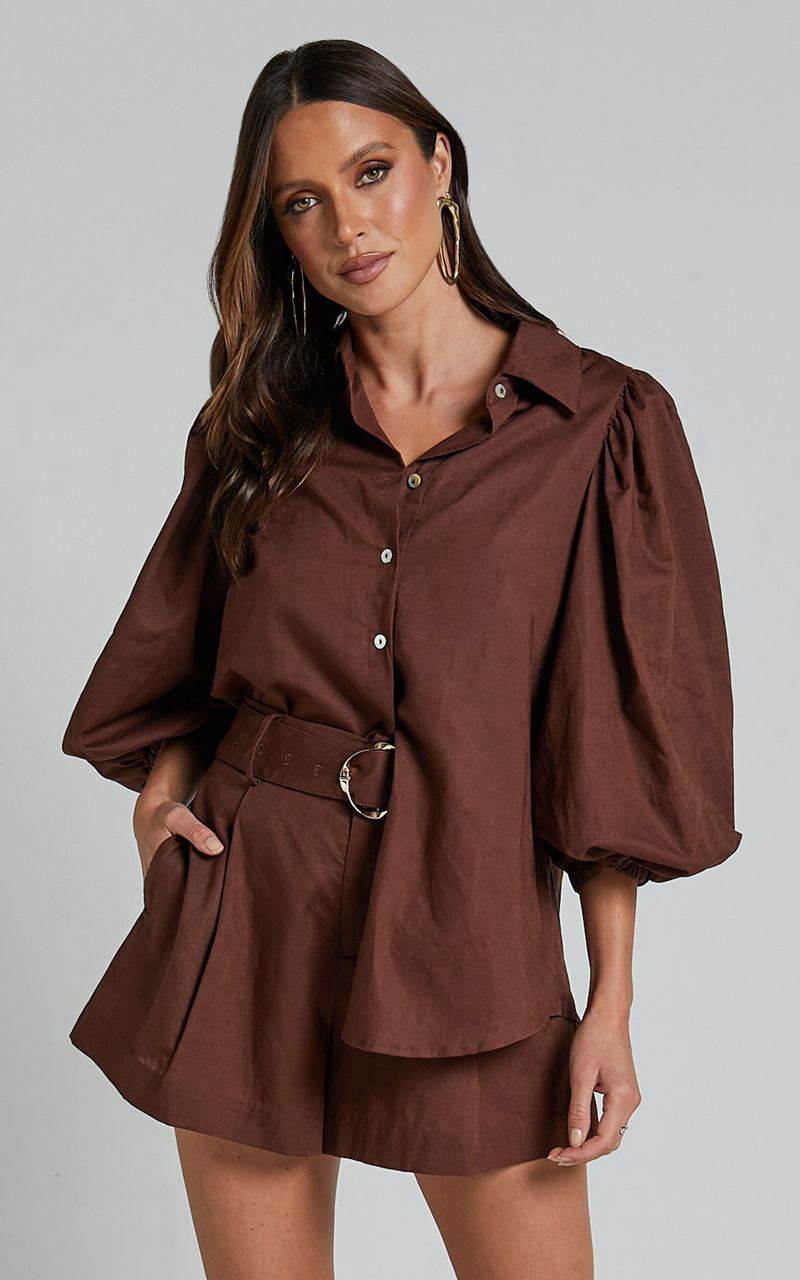 Showpo Amalie The Label - Janae Linen Blend Collared Puff Sleeve Button Up Shirt Chocolate | GRBTNE527