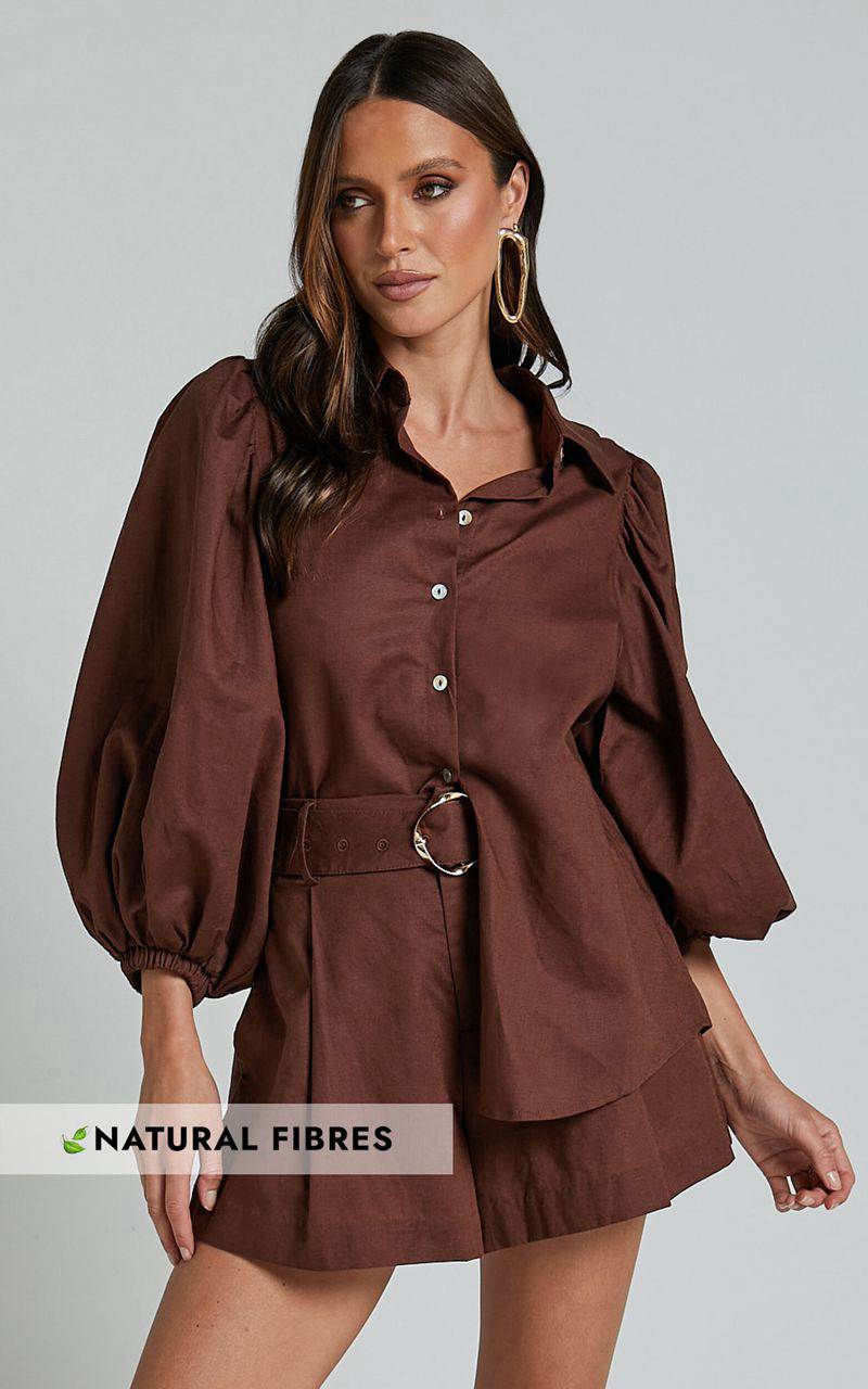 Showpo Amalie The Label - Janae Linen Blend Collared Puff Sleeve Button Up Shirt Chocolate | GRBTNE527