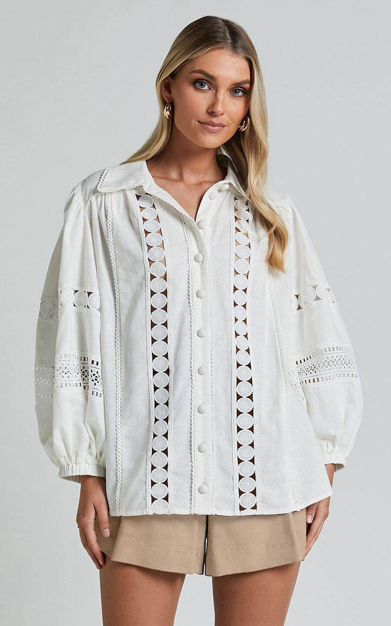 Showpo Amalie The Label - Julessa Linen Blend Puff Sleeve Lace Detail Blouse White | HJORQZ490