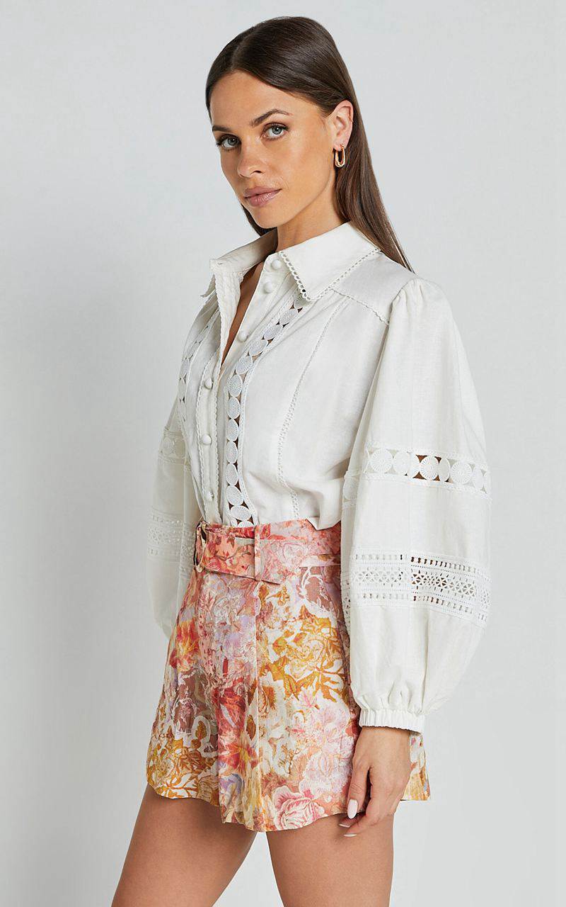 Showpo Amalie The Label - Julessa Linen Blend Puff Sleeve Lace Detail Blouse White | HJORQZ490