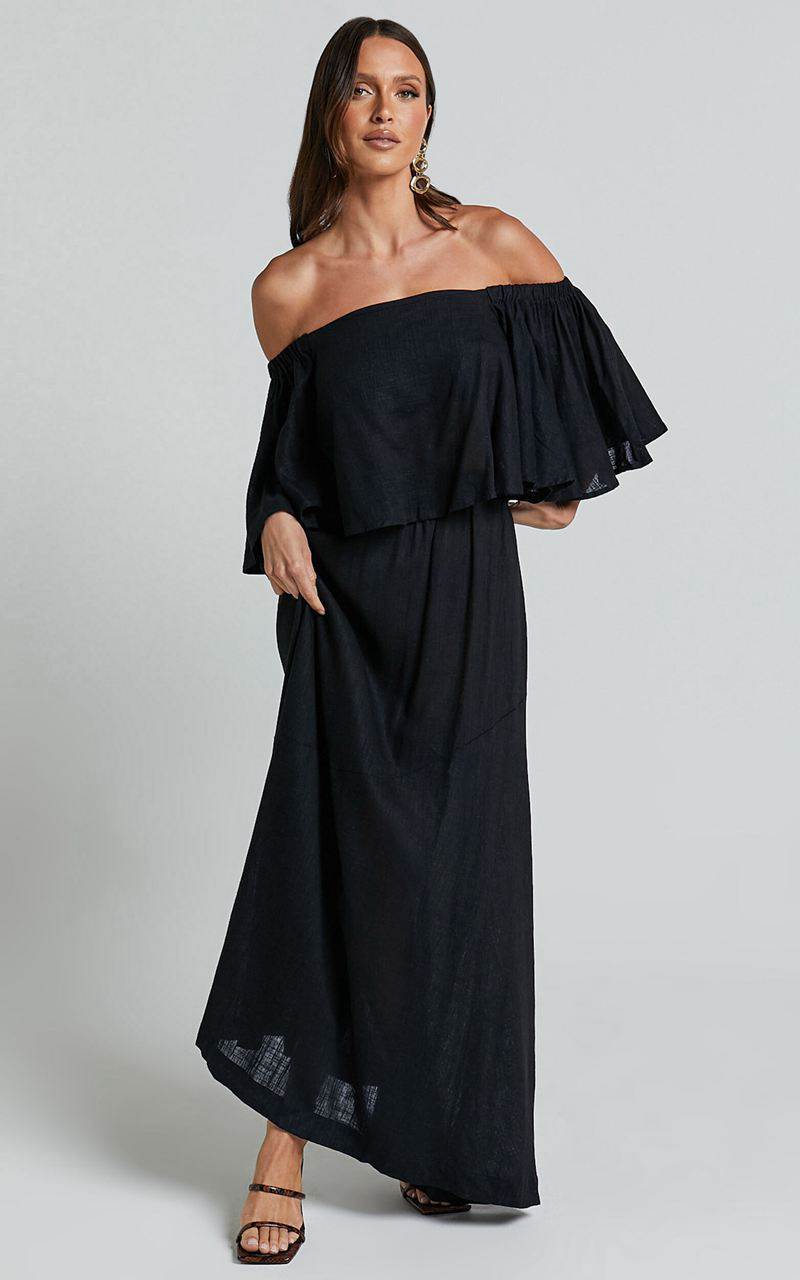 Showpo Amalie The Label - Juletta Linen Blend Flutter Sleeve Top And Midi Skirt Two Piece Set Black | PZXJEO723