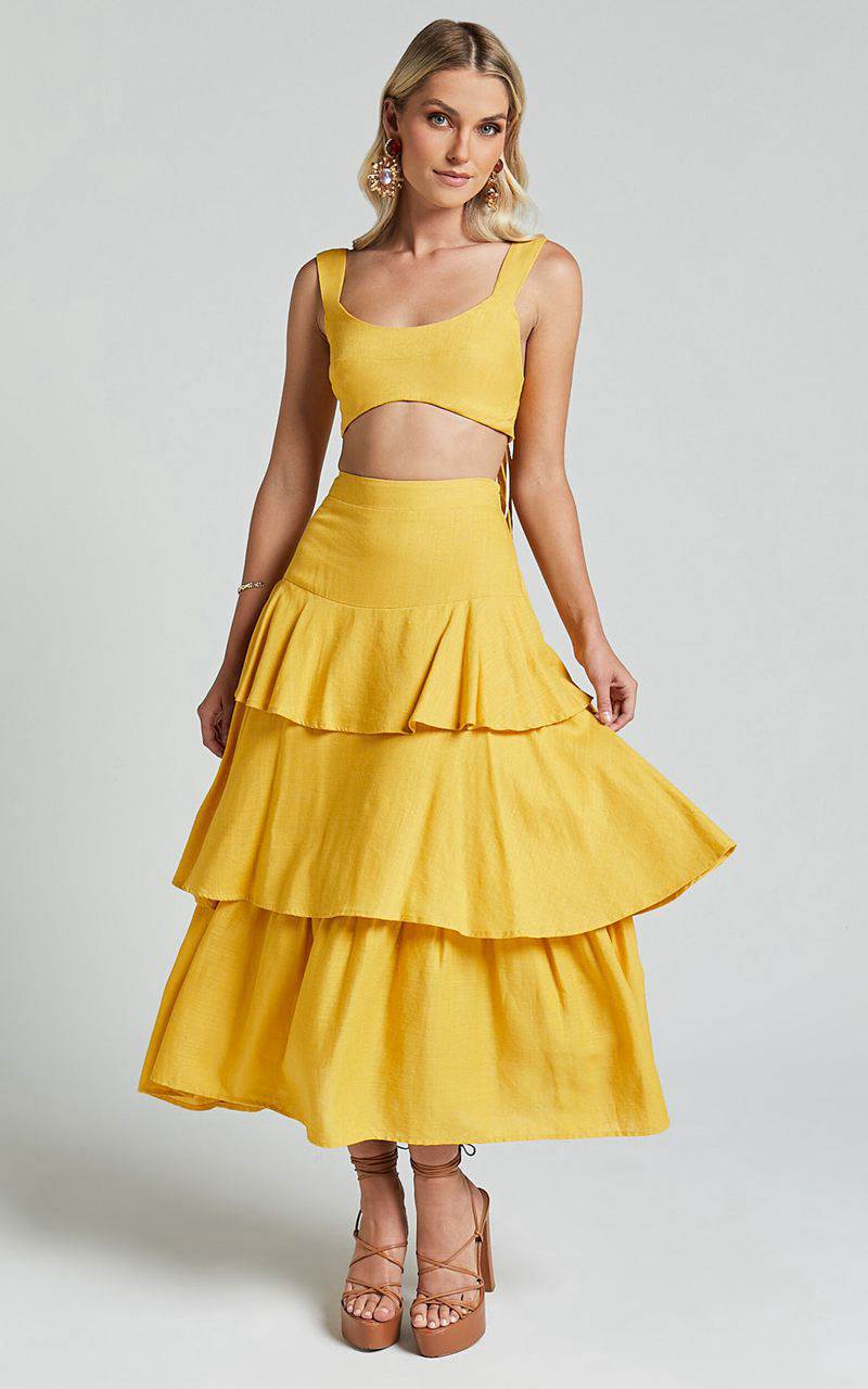 Showpo Amalie The Label - Kaleigh Linen Blend Bralette And Tiered Maxi Skirt Two Piece Set Yellow | TMGSPY193