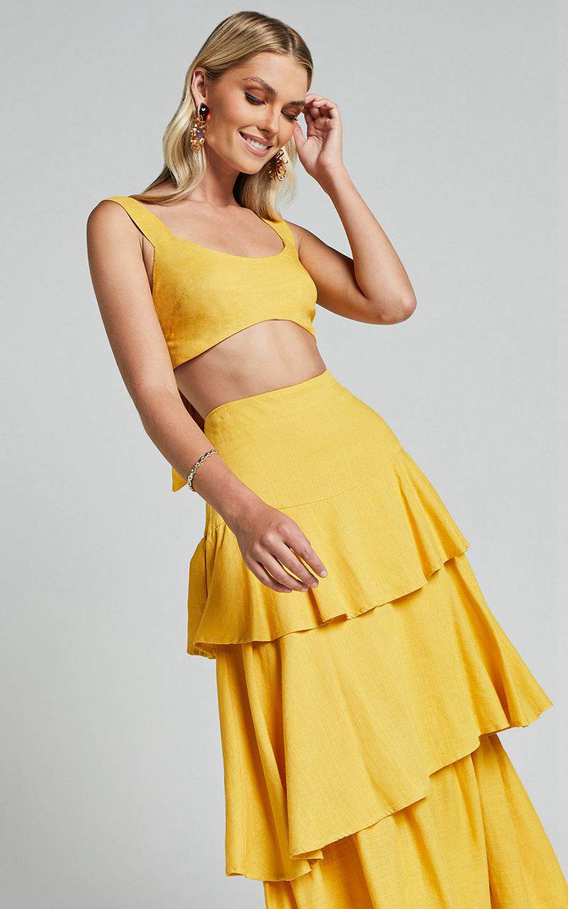 Showpo Amalie The Label - Kaleigh Linen Blend Bralette And Tiered Maxi Skirt Two Piece Set Yellow | TMGSPY193